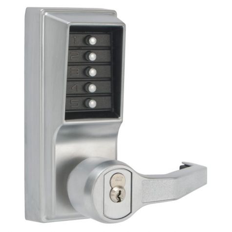 Kaba Simplex LR1021S26D Right Hand Mechanical Pushbutton Lever Lock with Key Override; Schlage Prep and 2-3/4" Backset Satin Chrome Finish