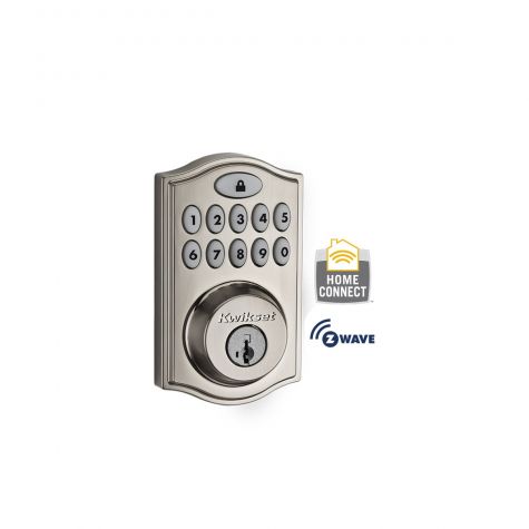 Kwikset 914 Z-Wave Enabled Traditional Smartcode Deadbolt with Z-Wave 500 Chipset with RCAL Latch and RCS Strike Satin Nickel Finish