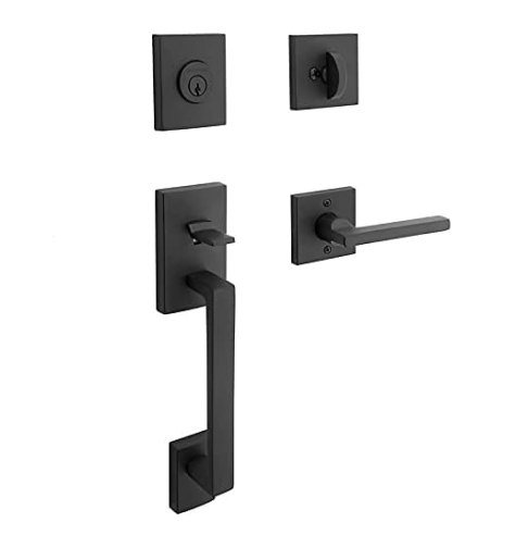 Baldwin Reserve SCLAJXSQULCSR190S Single Cylinder La Jolla Handleset with Left Hand Square Lever and Contemporary Square Rose with 6AL Latch and Dual Strike and SmartKey Satin Black Finish